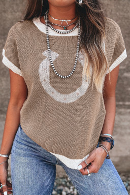 Goat Horse Shoe Pattern Contrast Trim Short Sleeve Sweater