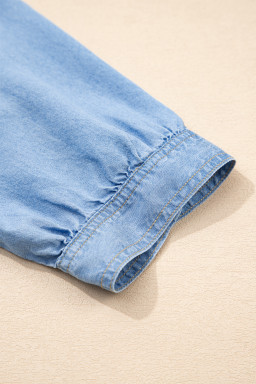 Beau Blue Half Sleeve Button Down Ruffled High Low Chambray Shirt