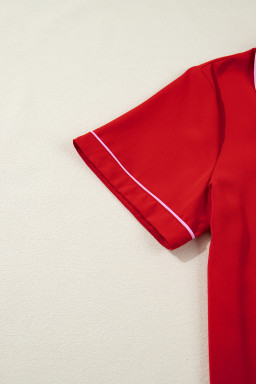 Fiery Red Contrast Trim Ribbon Bow Short Silky 2pcs Pajama Set