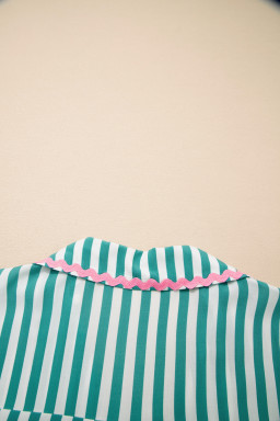 Green Stripe Contrast Ricrac Trim Long Sleeve Shirt Drawstring Ruffled Pajama Short Set