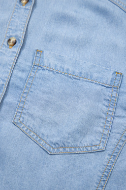 Beau Blue Half Sleeve Button Down Ruffled High Low Chambray Shirt