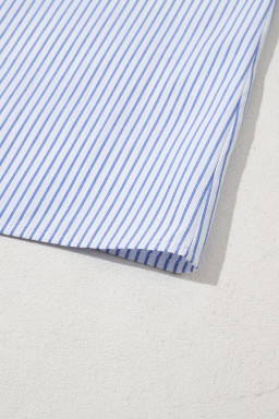 Sky Blue Stripe Shirred Detail V Neck Puff Half Sleeve V Neck Blouse