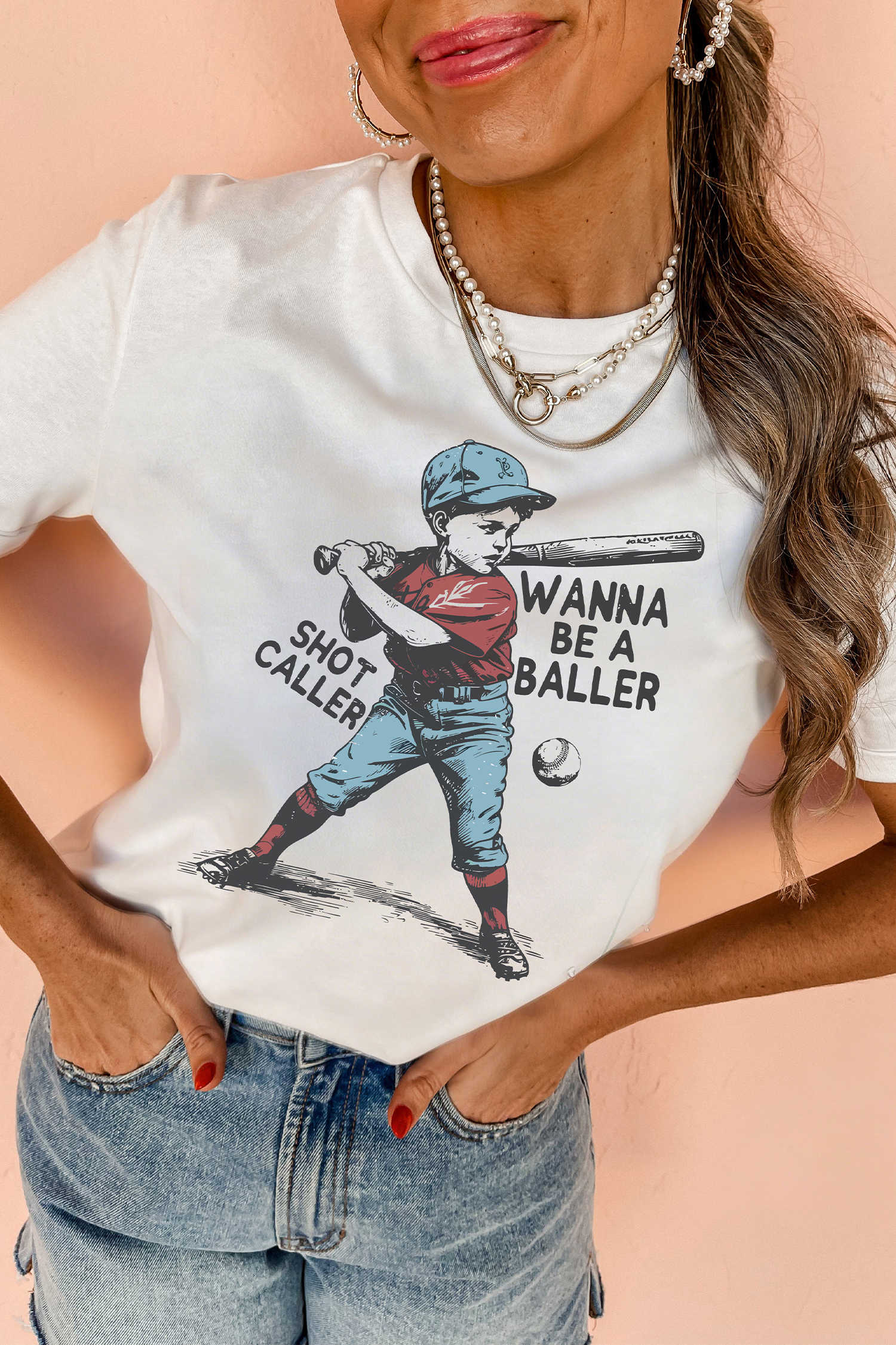 White SHOT CALLER WANNA BE A BALLER Casual Graphic Tee