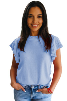 Beau Blue Solid Color Ribbed Trim Round Neck Ruffle Short Sleeve Sweater