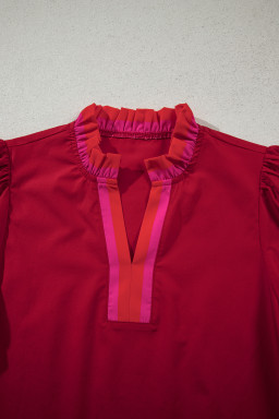 Fiery Red Striped Frilled Collar Ruffled Short Sleeve Blouse