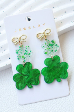 Green Double Clover Dangle Pendant Bow Stud Earrings