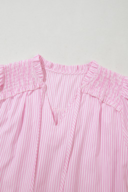 Pink Stripe Shirred Detail V Neck Puff Half Sleeve V Neck Blouse