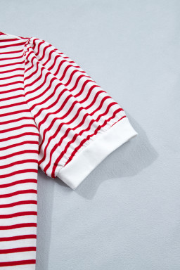 Red Stripe Contrast Trim Round Neck Short Puff Sleeve T Shirt