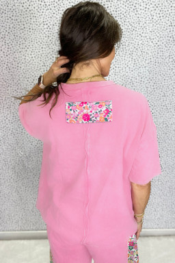 Bright Pink Floral Patched Raw Seam Big Flower Oversize Tee