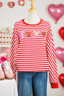 Red Stripe XOXO Sequin Heart Patched Valentines Day Long Sleeve Top