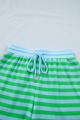 Green Stripe Puff Short Sleeve T Shirt Matching Shorts Set