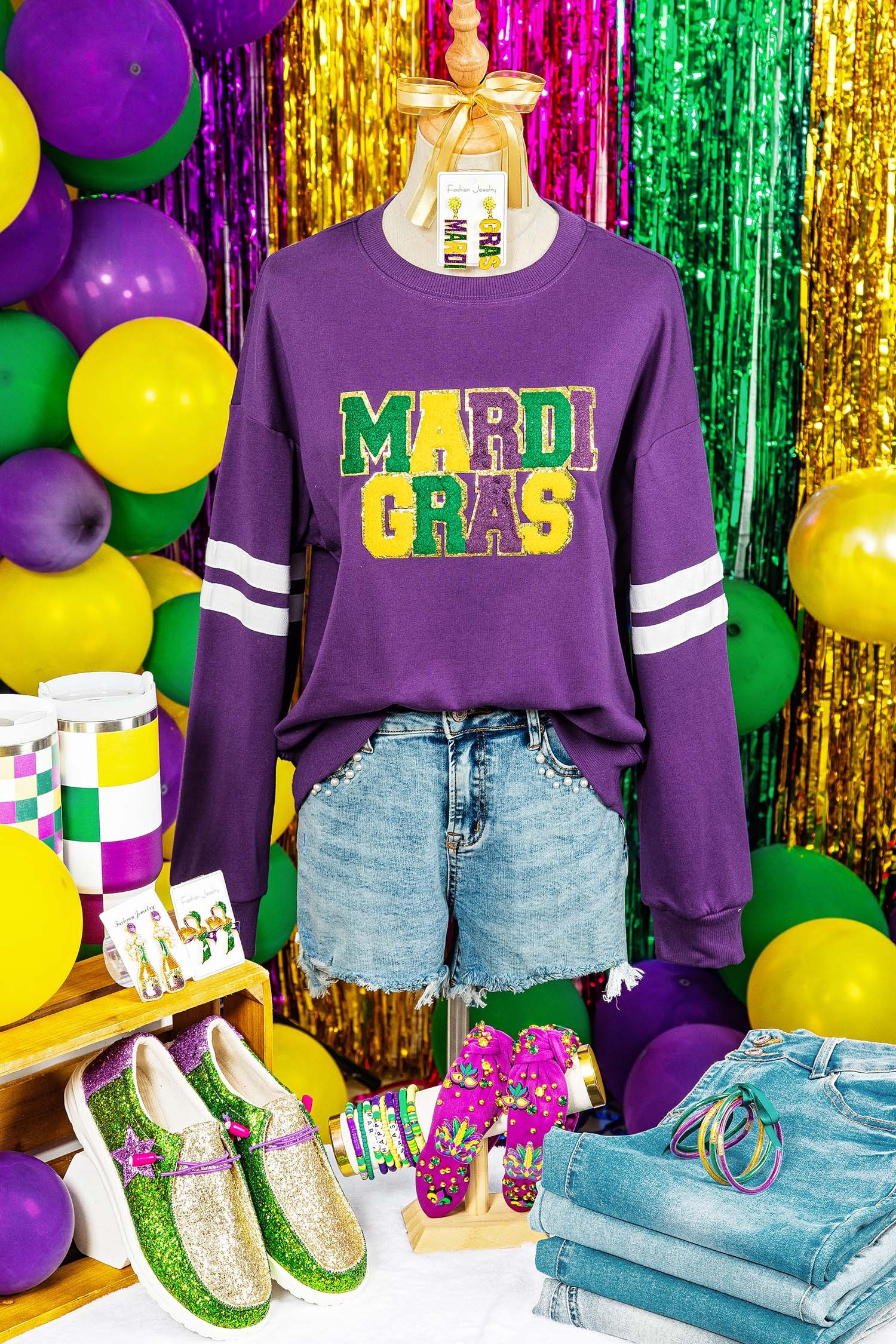 Tillandsia Purple Mardi Gras Patched Graphic Varsity Sweatshirt
