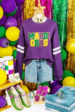 Tillandsia Purple Mardi Gras Patched Graphic Varsity Sweatshirt