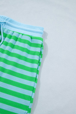 Green Stripe Puff Short Sleeve T Shirt Matching Shorts Set