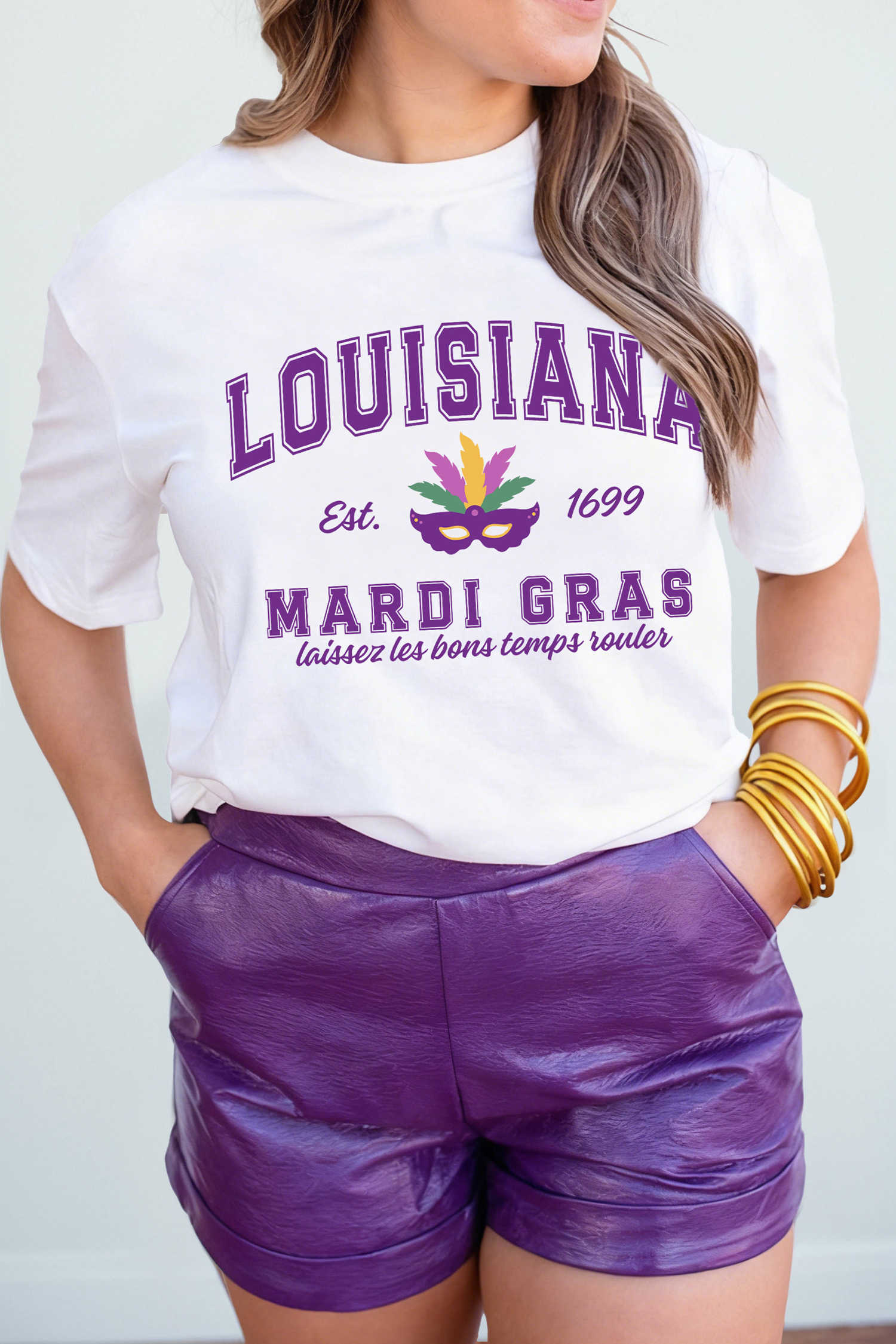 White LOUISIANA MARDI GRAS Retro Print T Shirt