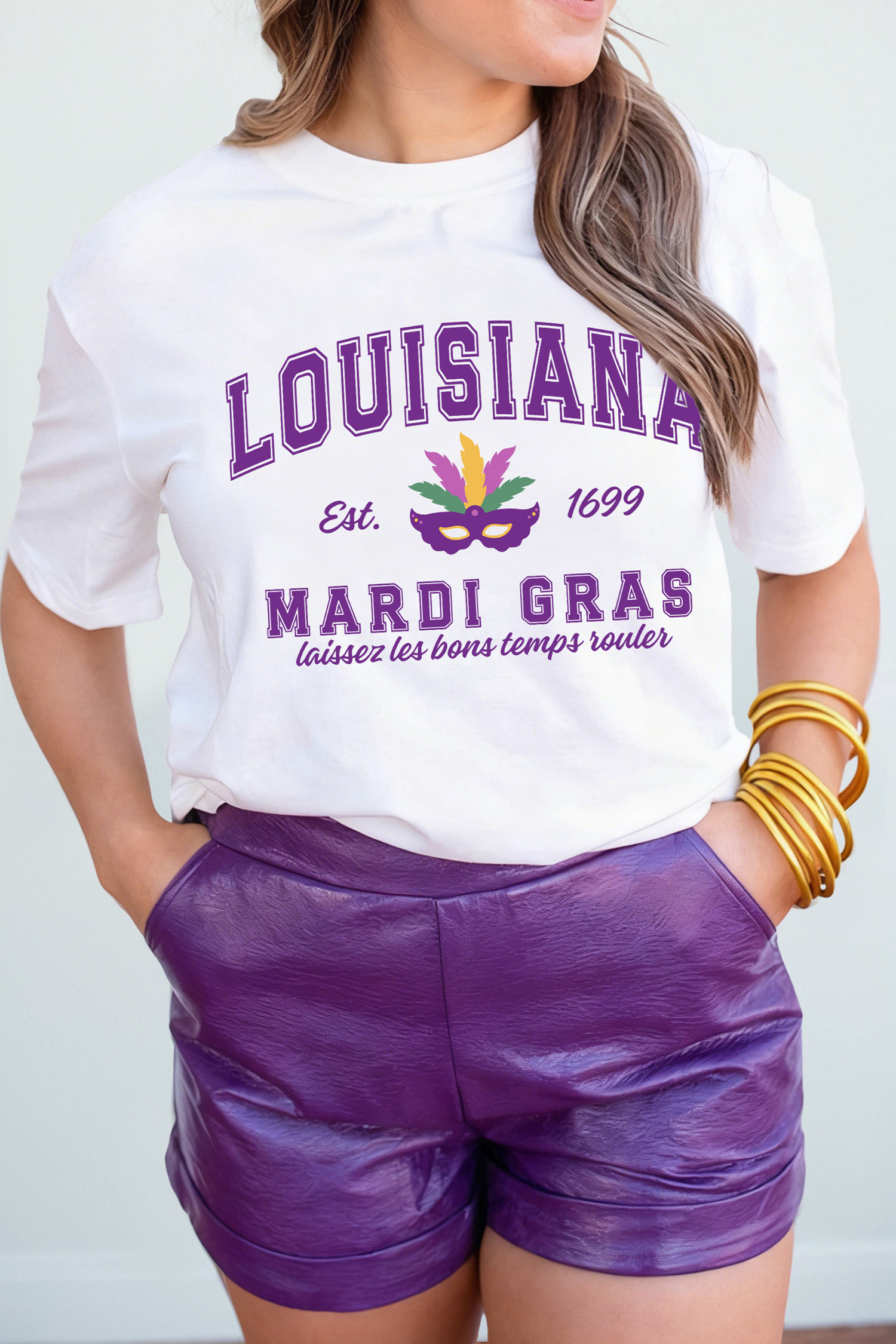 White LOUISIANA MARDI GRAS Retro Print T Shirt