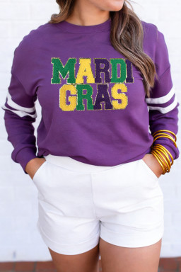 Tillandsia Purple Mardi Gras Patched Graphic Varsity Sweatshirt
