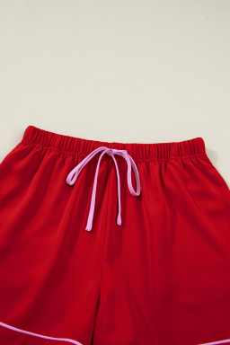 Fiery Red Contrast Trim Ribbon Bow Short Silky 2pcs Pajama Set