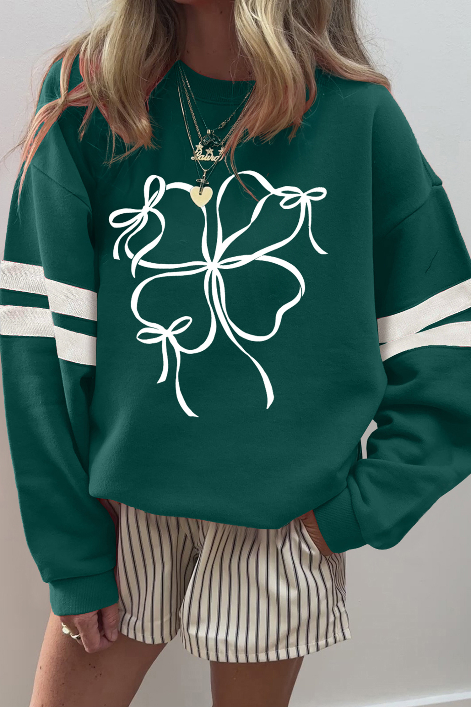 Evergreen Ribbon Bow Lucky Clover Varsity Striped Sleeve Casual Sweatshirt