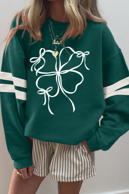 Evergreen Ribbon Bow Lucky Clover Varsity Striped Sleeve Casual Sweatshirt