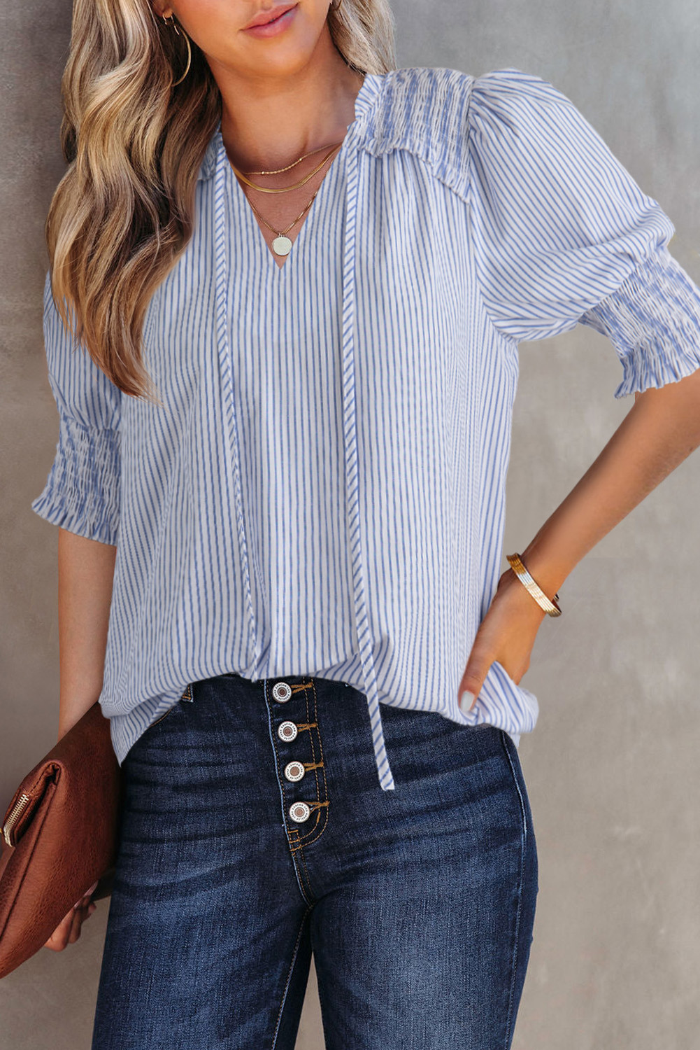 Sky Blue Stripe Shirred Detail V Neck Puff Half Sleeve V Neck Blouse