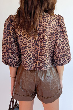 Brown Leopard Bow Tie Puff Sleeve Blouse