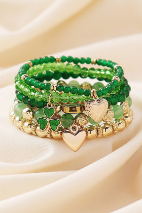 Green 5pcs St Patrick Lucky Beading Heart Charm Bracelets Set