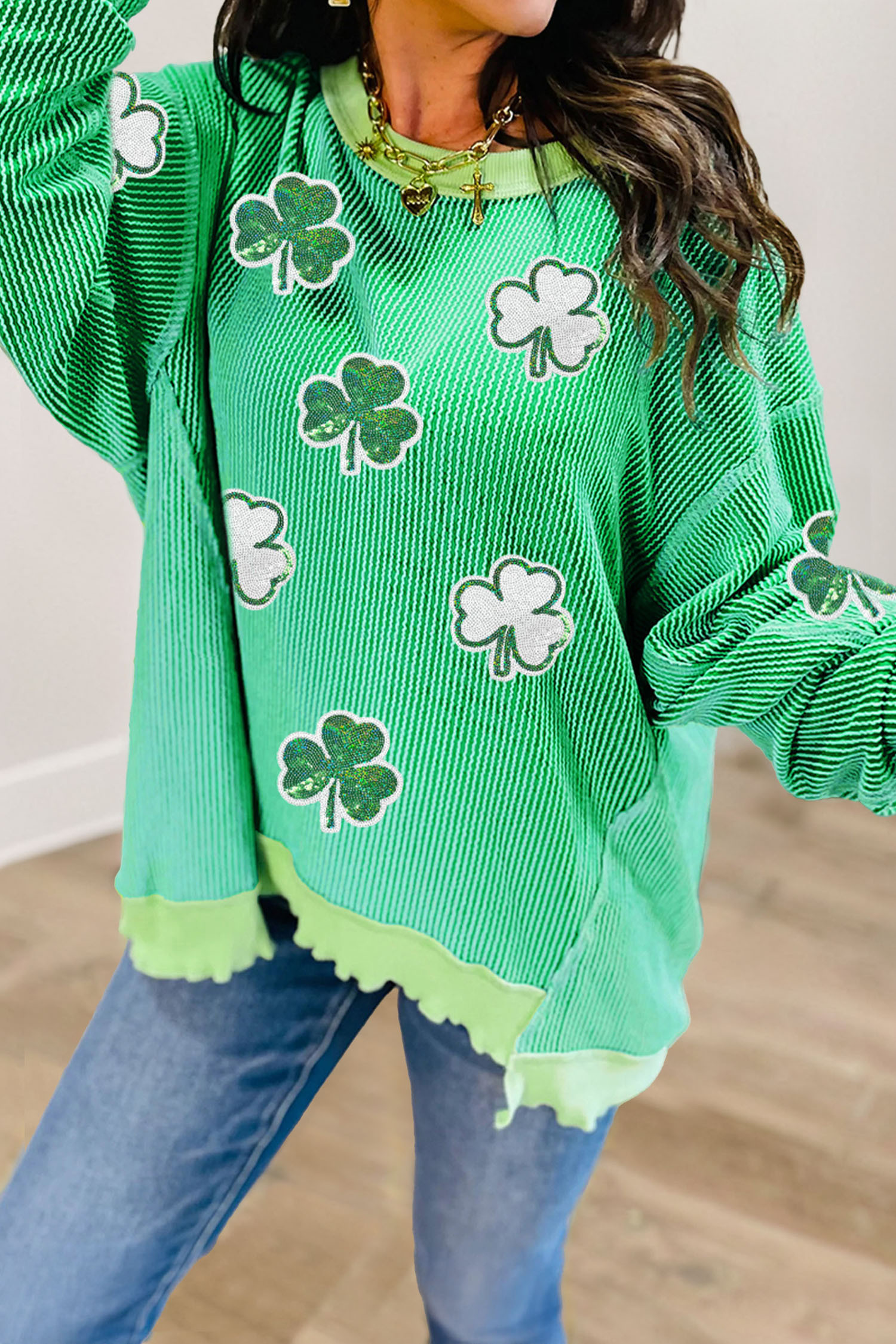 Bright Green Twisted Rib Sequin Clover Patched Color Block Detail Loose Pullover Top