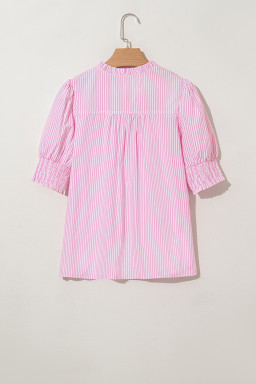 Pink Stripe Shirred Detail V Neck Puff Half Sleeve V Neck Blouse