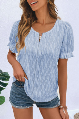 Beau Blue Solid Color Textured Notched Neck Puff Sleeve Blouse