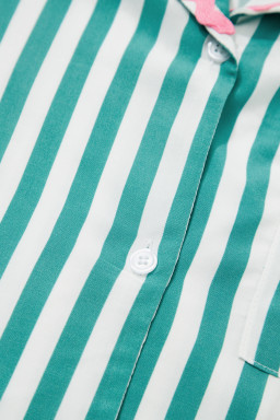 Green Stripe Contrast Ricrac Trim Long Sleeve Shirt Drawstring Ruffled Pajama Short Set