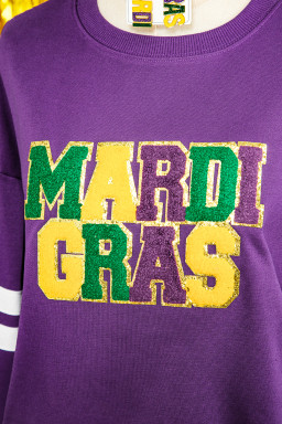 Tillandsia Purple Mardi Gras Patched Graphic Varsity Sweatshirt