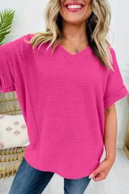 Strawberry Pink Waffle V Neck Short Sleeve Knit Top