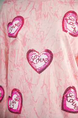 Pink Tie Dye Camo Sequin Love Heart Patched Mock Neck Sweatshirt