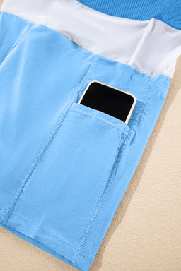 Dusk Blue Color Block Edge Ribbed Pocketed Lined Swim Dress