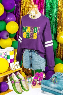Tillandsia Purple Mardi Gras Patched Graphic Varsity Sweatshirt