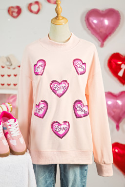 Apricot Pink Sequin Love Heart Patched Mock Neck Sweatshirt