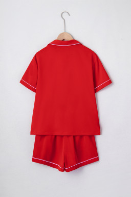 Fiery Red Contrast Trim Ribbon Bow Short Silky 2pcs Pajama Set