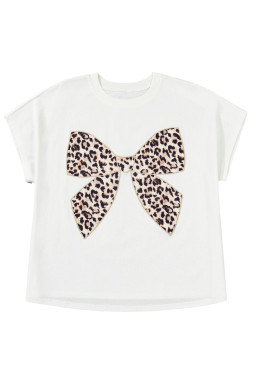 White Plus Size Leopard Bow Embroidered Patch Casual T Shirt