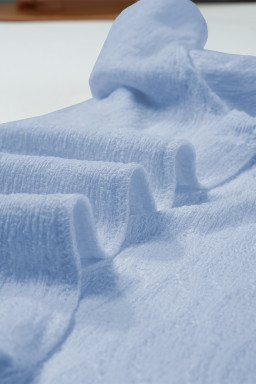 Beau Blue Solid Color Textured Notched Neck Puff Sleeve Blouse