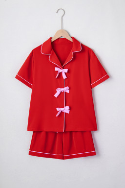 Fiery Red Contrast Trim Ribbon Bow Short Silky 2pcs Pajama Set