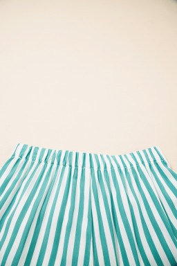 Green Stripe Contrast Ricrac Trim Long Sleeve Shirt Drawstring Ruffled Pajama Short Set