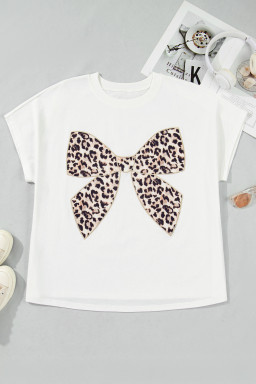 White Plus Size Leopard Bow Embroidered Patch Casual T Shirt