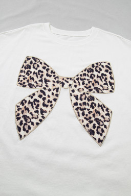 White Plus Size Leopard Bow Embroidered Patch Casual T Shirt