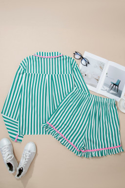 Green Stripe Contrast Ricrac Trim Long Sleeve Shirt Drawstring Ruffled Pajama Short Set