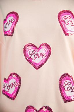 Apricot Pink Sequin Love Heart Patched Mock Neck Sweatshirt
