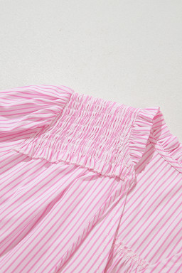 Pink Stripe Shirred Detail V Neck Puff Half Sleeve V Neck Blouse