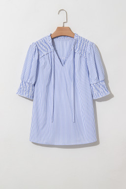 Sky Blue Stripe Shirred Detail V Neck Puff Half Sleeve V Neck Blouse