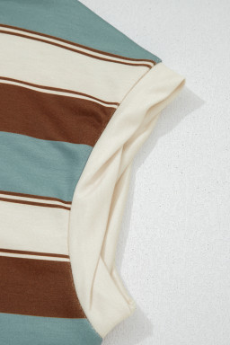 White Stripe Button Polo Collar Tee Drawstring Elastic Waist Patchwork 2pcs Short Set