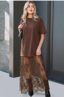 Red Sandalwood Floral Patchwork Short Sleeve T Shirt Loose Maxi Dress